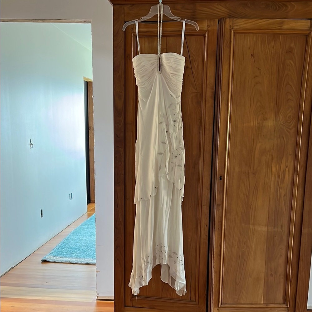 Cream Backless Tiered Wedding dress with bedazzled necklace strap. Vintage.
